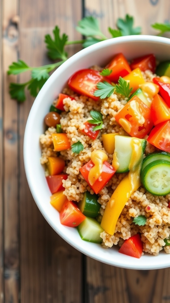 A colorful quinoa bowl with vegetables and lemon dressing on a rustic table.